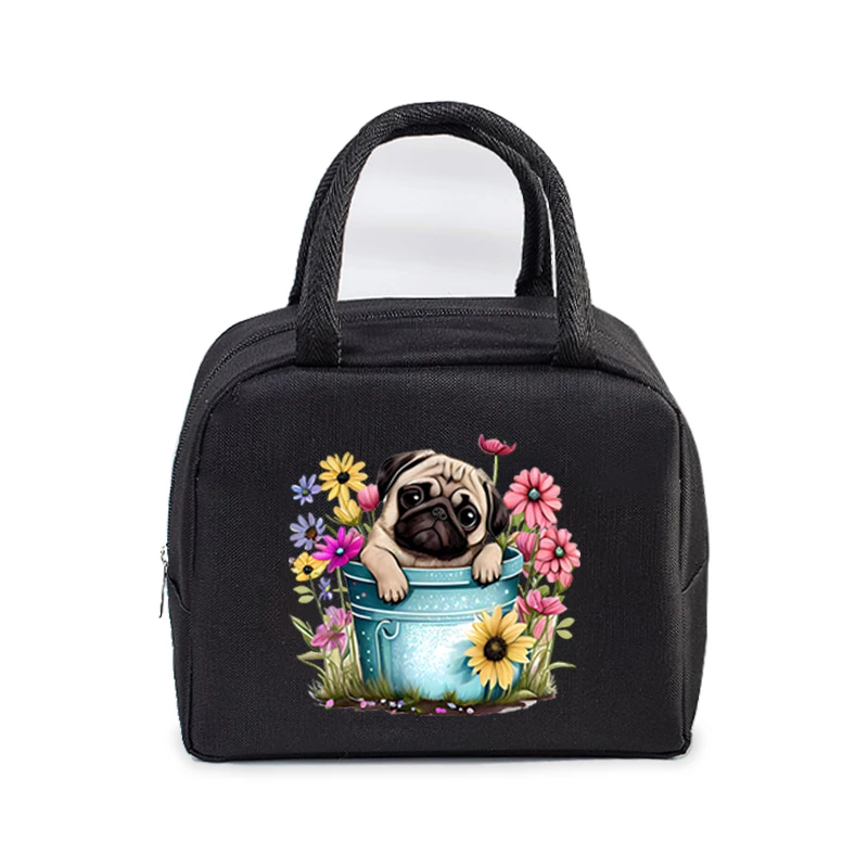 Bento Thermal Bag Pug Dog Cartoon Print Women Insulation Portable Pouch Food Picnic Fresh Cooler Lunch Bag for School Student