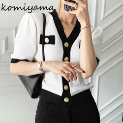 Contrast V-neck Cardigans Femme Short Sleeve Sweater Single Breasted Ropa Mujer Korean Simple Knitwears Summer 2024 Sueters