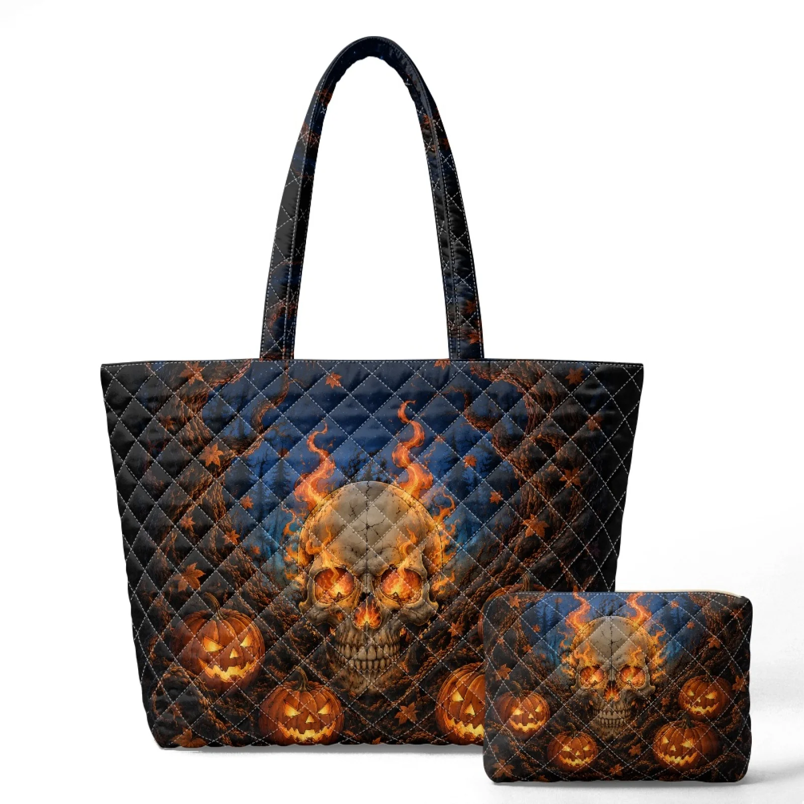 Coloranimal Halloween New Trend 2 Piece Quilted Tote Bag with Storage Pouch, Shoulder Bag Set for Womens Travel Outings
