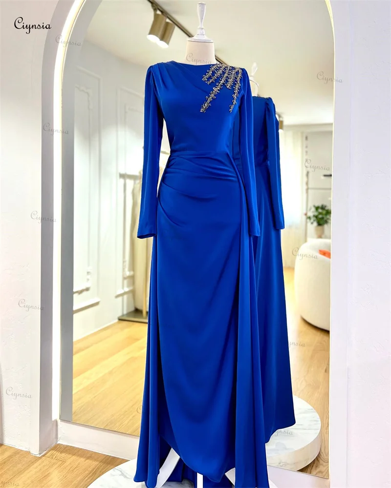 Ciynsia Elegant Muslim Formal Occasion Dresses for Women Champagne Satin Beaded Long Sleeve Evening Gown Mermaid Robes De Soirée