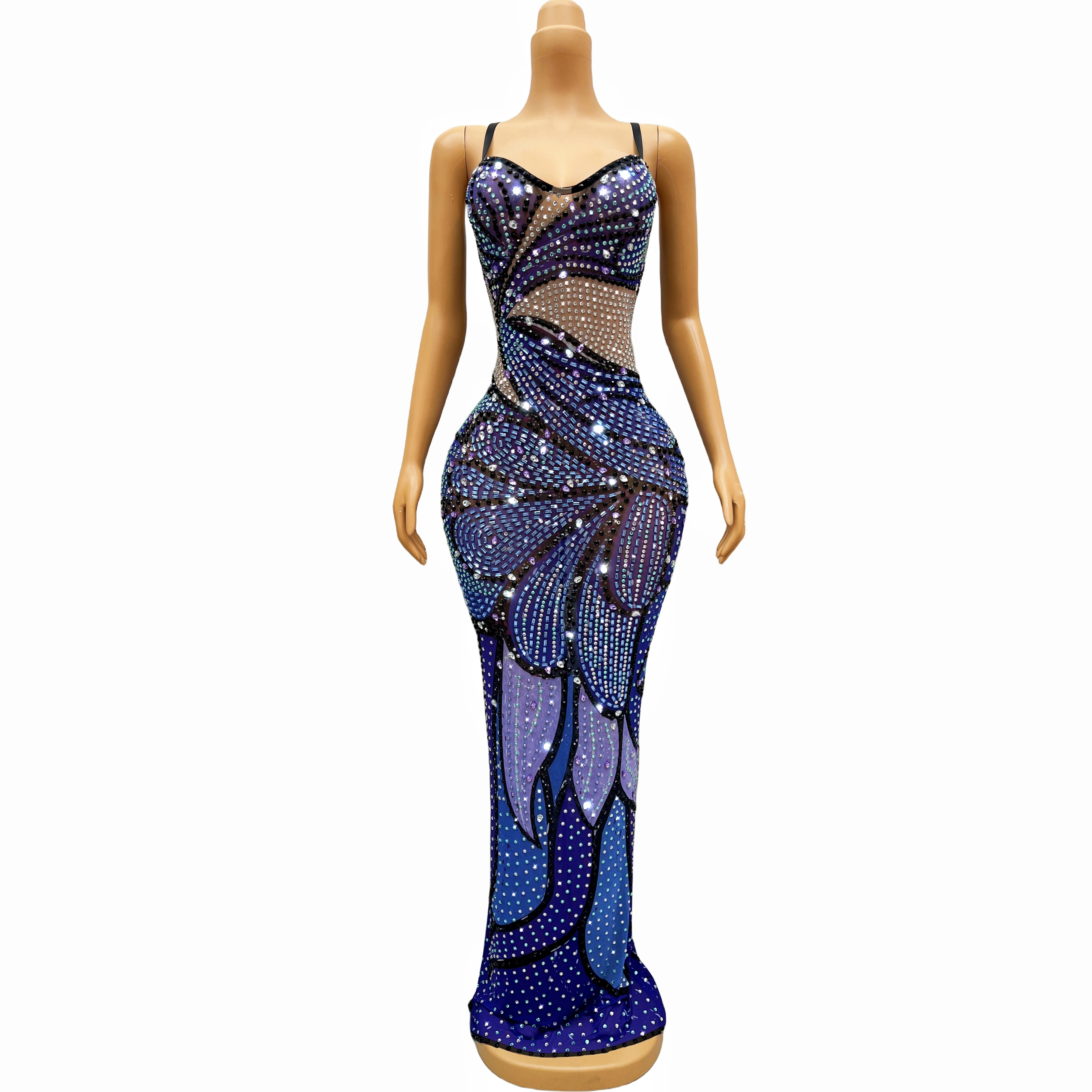 

Shining Blue Purple Rhinestones Sleeveless Dress Evening Birthday Celebrate Outfit Party Sexy Stretch Costume bingjing