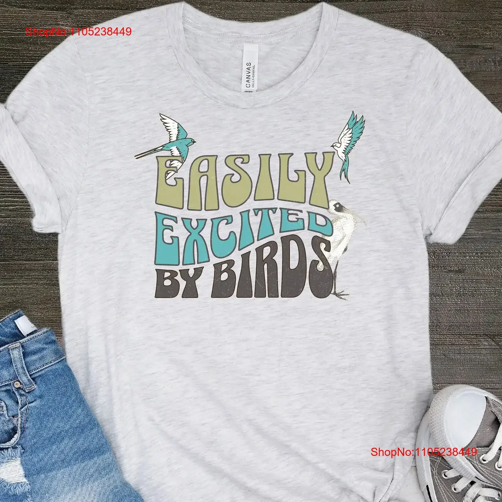 Easily Excited By Birds T Shirt Bird Lover Retro Groovy Font with Distressed Vintage s for Watchers Birders vintage Washed