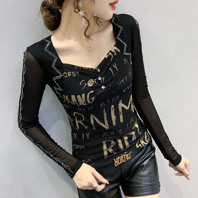 MadBlack European Clothes Tshirt Women Square Collar Letter Print Slim Bead Mesh Top Long Sleeve Elastic Tees Autumn T39106JC