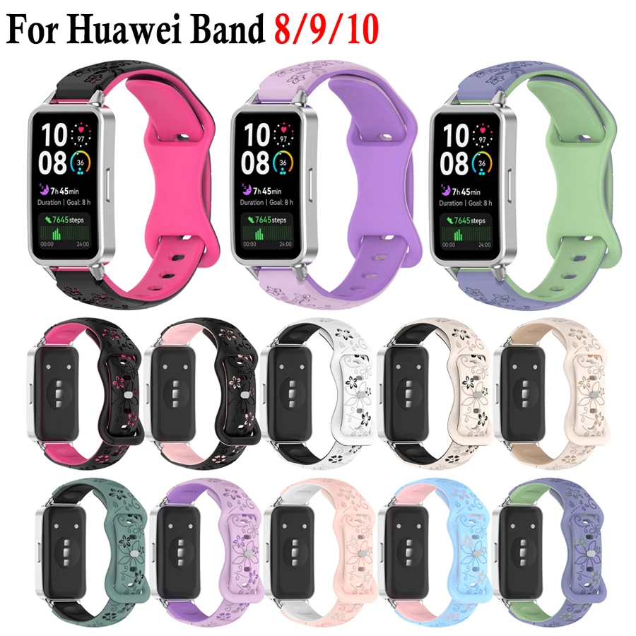 Pulsera de silicona con flores grabadas en 3D para Huawei Band 8, 9, 10, correa de reloj inteligente, correa de reloj transpirable para HUAWEI Band 8, 9, 10
