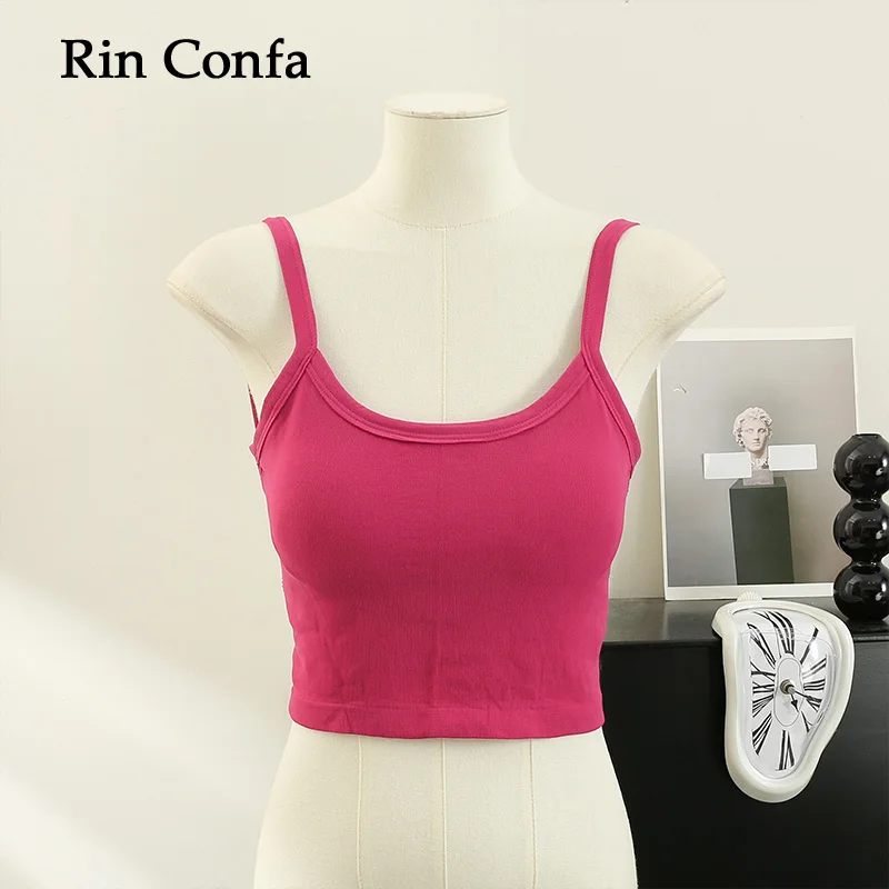 

Rin Confa Summer Sexy Spice Girl Short Crop Tops Fashion With Chest Pad Knitting Top Design Sense Slim All-Match Halter Tops