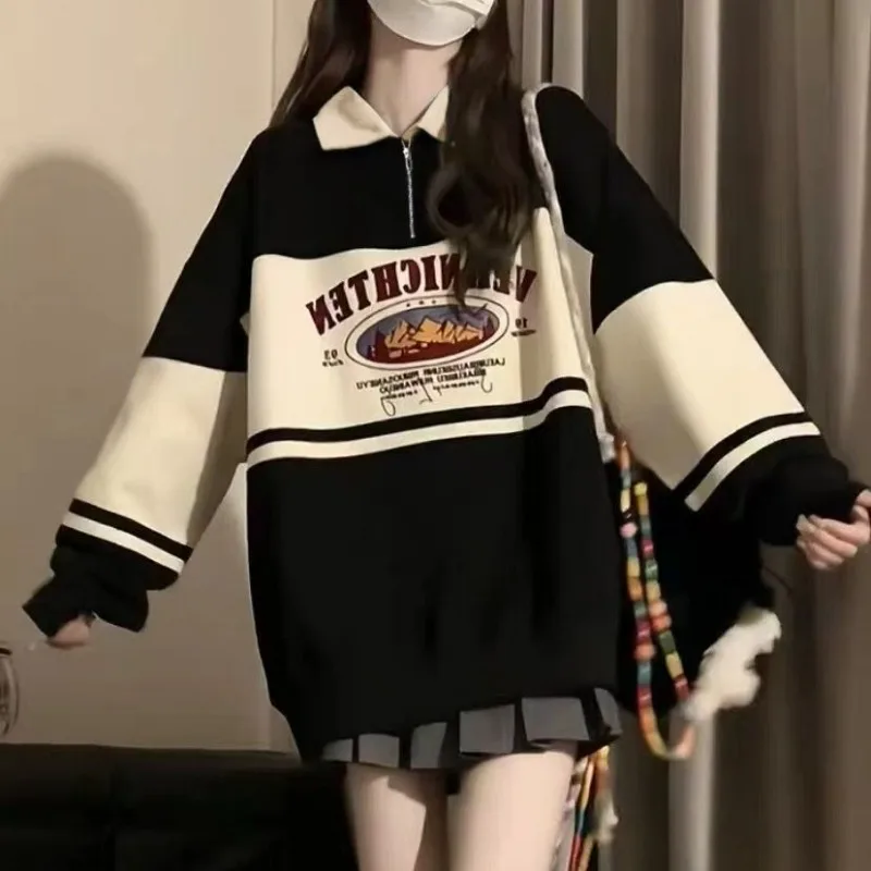 

POLO Collar Hoodie 2024 New Autumn and Winter Thin Mid-length Pullover Loose Long-sleeved Top Large Size Women's Generous