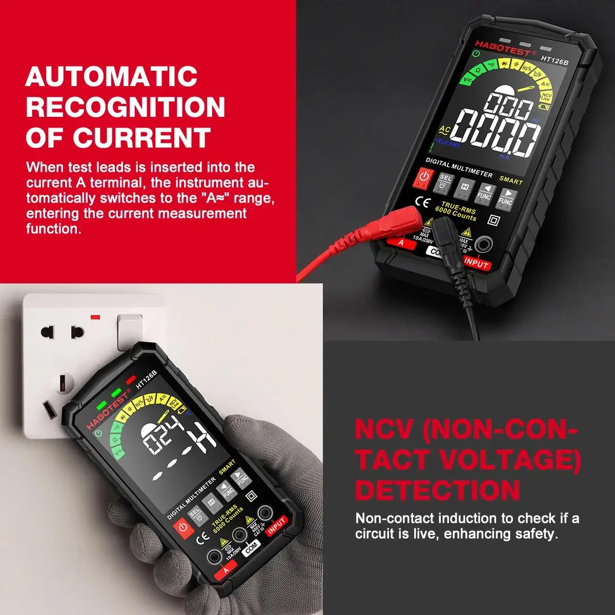HABOTEST HT126 Digital Multimeter 600V Auto Range True RMS AC/DC Voltage Meter NCV Smart Multitester 6000 Counts