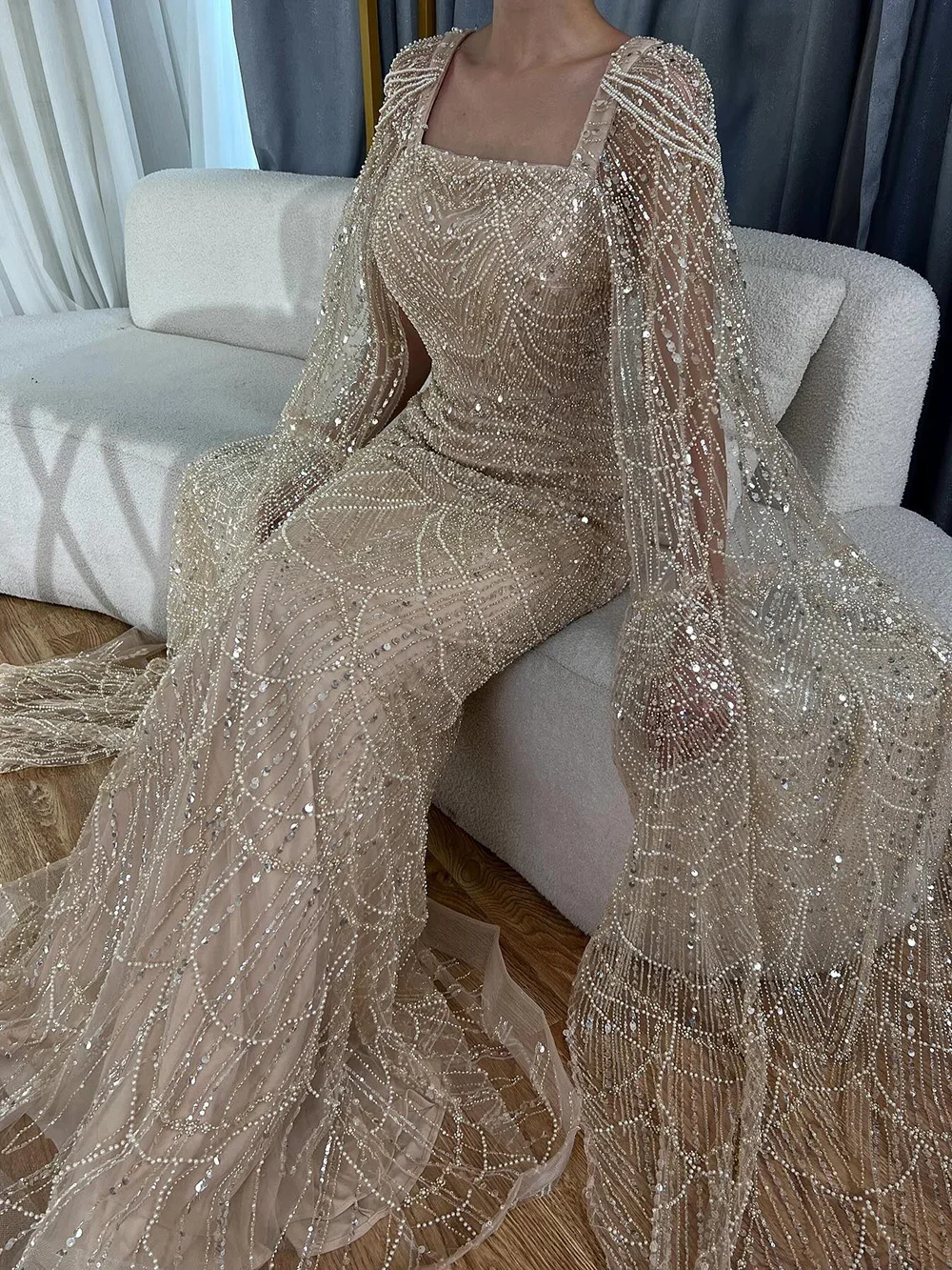 Árabe turquesa capa mangas pérolas frisadas e até o chão vestido de noite vestido de festa para mulher 2024 la72590 personalizado