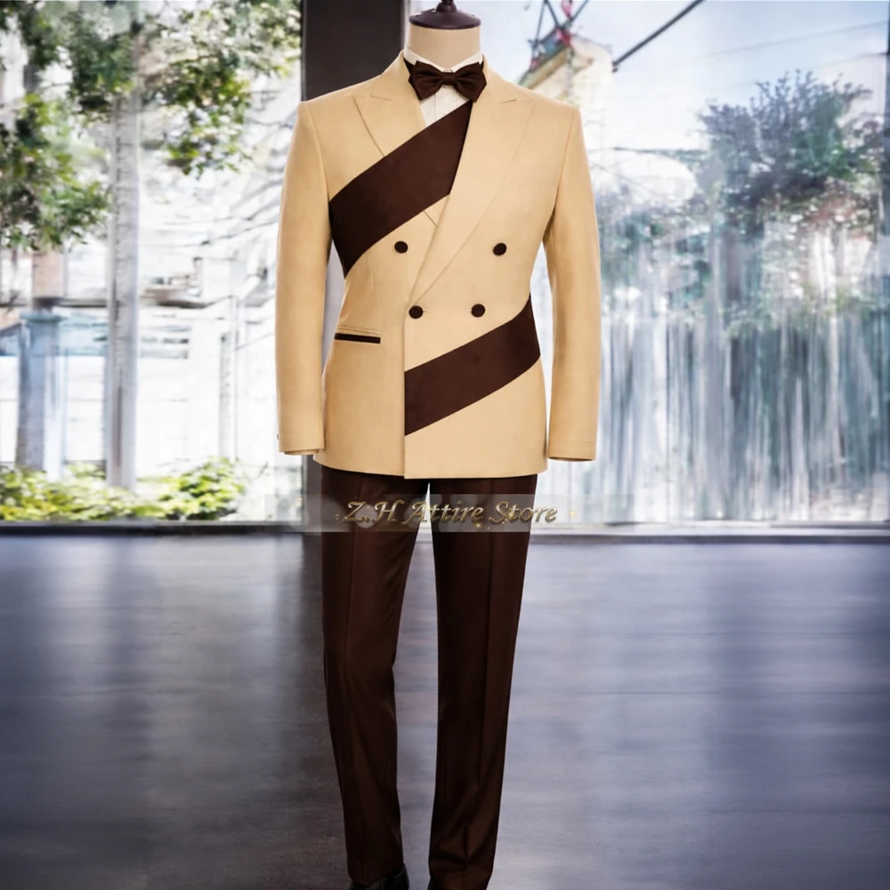 Elegant Wedding Suit for Men Khaki Burgundy Spliced Lapel Jacket Flared Trousers Custom Slim Fit Set for Groom Prom Party