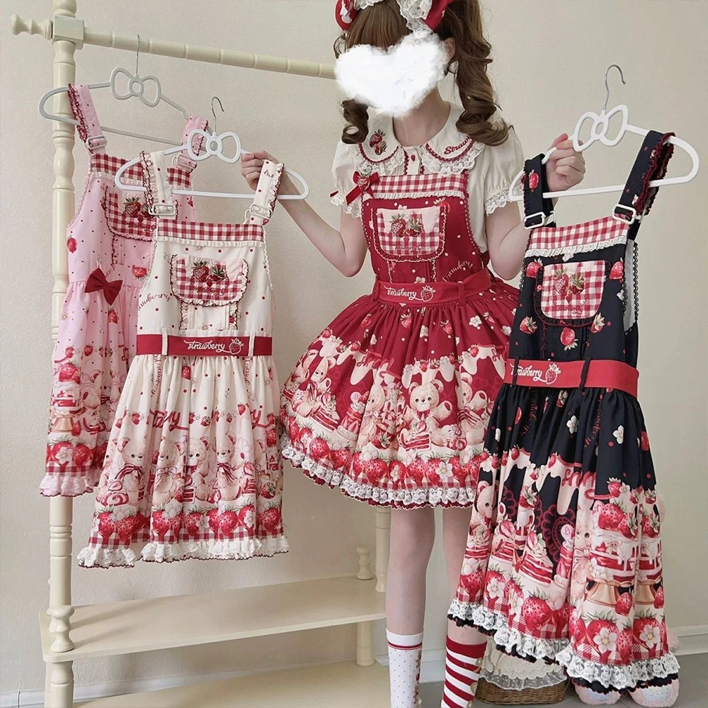 

Strawberry Print Cartoon Vest Dress 2026 Summer New Japanese Lolita Dress Cute Strawberry Embroidery Fashionable Inner Shirt Top
