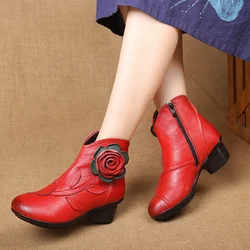 plus size autumn genuine leather ladies red boots Women's winter boots low heel ankle boot Handmade floral fashion snow booties
