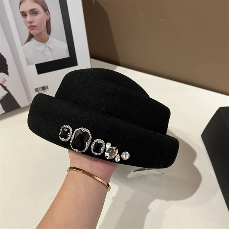 Rhinestones Wool Top Hat For Women Breathable Soft Dome Hat Cool Joker Girl Sweet Painter Hat Winter Autumn Warm Headwear