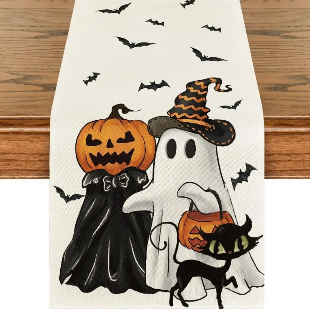 Trendy Pumpkins Black Cat Halloween Table Runner Gost Pattern High Quality Table Decoration Vibrant Linen Home Party Decor