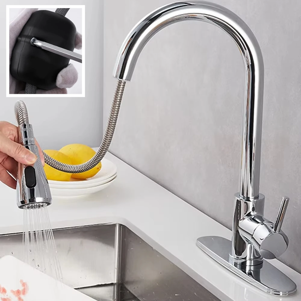 Kitchen Faucet Single Handle with Pull Down Sprayer 304 stainless steel Sink Faucets for Farmhouse Camper Laundry Rv Bar