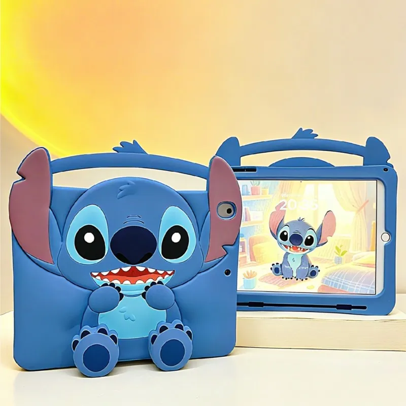

Cute 3D Cartoon Stitch With Pen Slot Lanyard Silicone Case For iPad Mini 1/2/3/4/5/6 Air1/2 5/6 Gen 2017-2018 Pro 9.7 Kids Cover