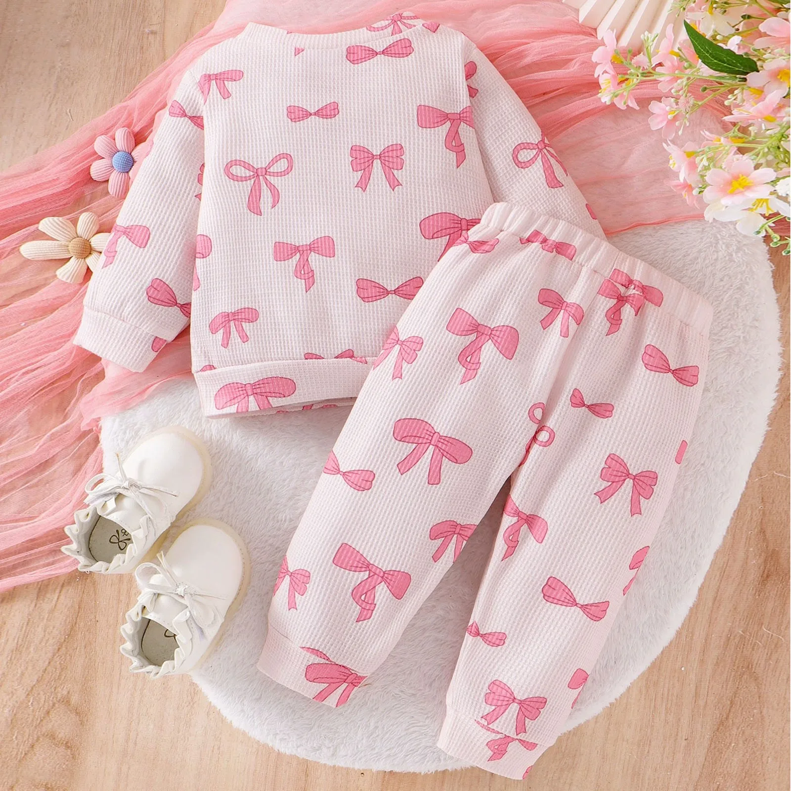 الاشياء لحديثي الولادة الأطفال ملابس الأطفال الإناث الطفل جديد الحلو القوس نمط طويلة الأكمام السراويل الطويلة الملبس مجموعة فتاة في سن المراهقة #1