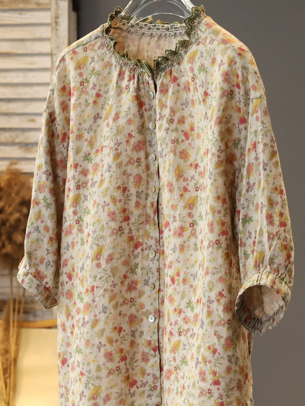 

High-End Embroidered Vintage Artistic Women's Shirt plus Size Five-Quarter Sleeve Floral Print Breathable Casual Fashion Top