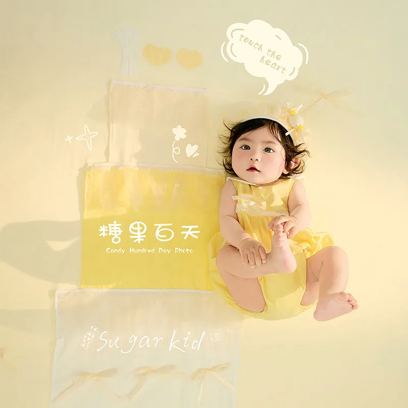 Newborn Photography Props 100 Days Yellow Sugar Theme Set Outfit Hat Backdrop for Sudio Photoshoot Accessories Decorations