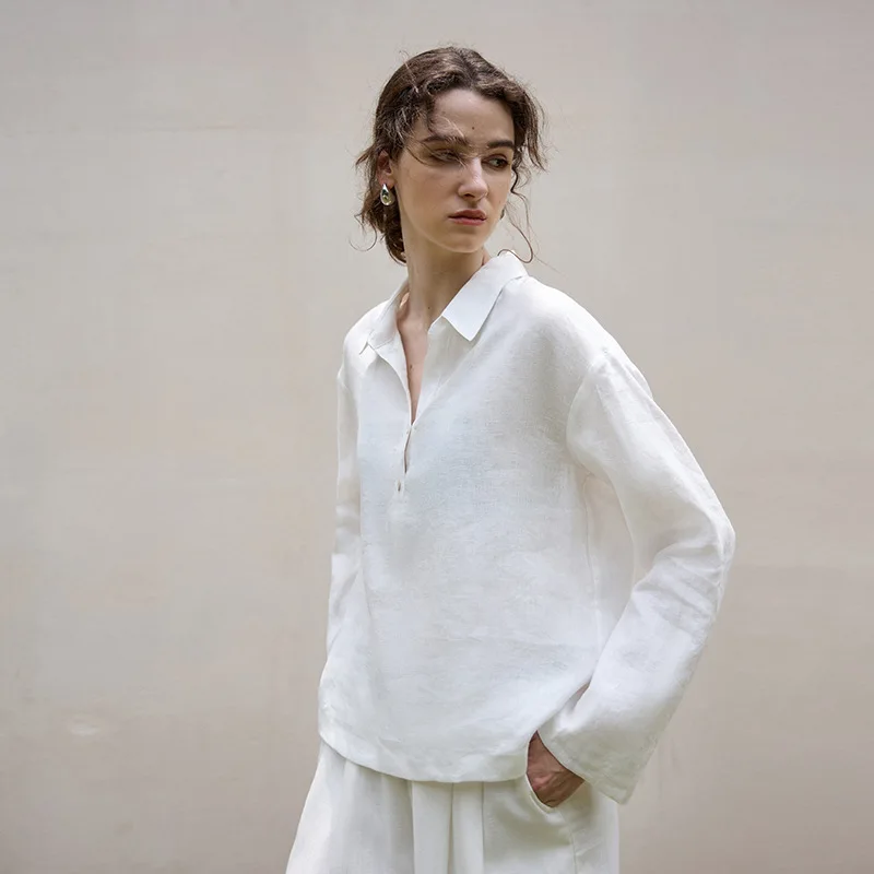 Camicetta vintage in lino 100% a maniche lunghe da donna con risvolto colletto polo autunno top allentato casual High Street Fashion Office Lady camicie