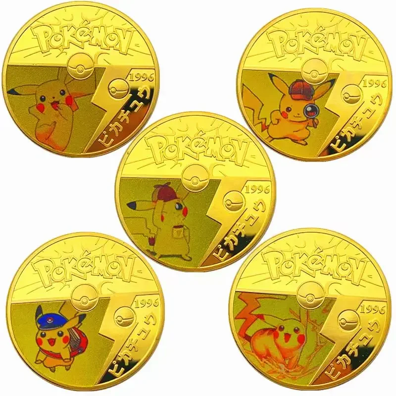 

2023 Exquisite Pokemon Coin Collection Kawaii Pikachu Mewtwo Eevee Patterns Gold Plated Color 27 Patterns Anime Pokemont Gifts