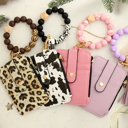 Silicone bead pu leather key chain wristlet id credit card holder keychain wallet for women with bangle bracelet