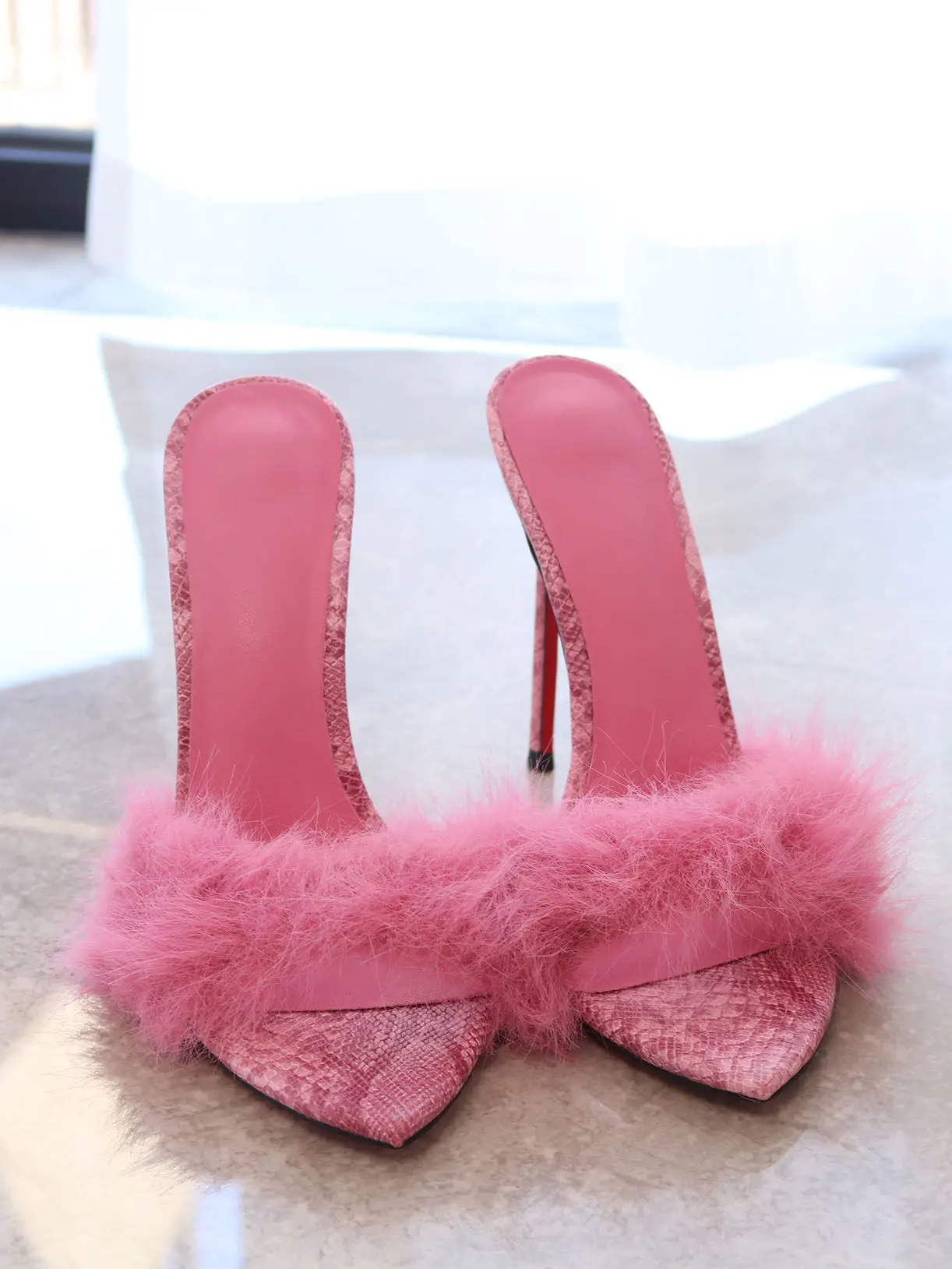 New Pink Rabbit Hair One Line Slippers, Stiletto High Heels Sandals, Sexy French Banquet Elegance Style, Size 12CM
