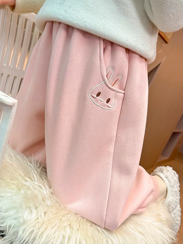 

Girls Winter Cartoon Fce Lined Casual Pants High Waist Straight Leg Rabbit ket Faionable Korean Sle Kids Sweatpants
