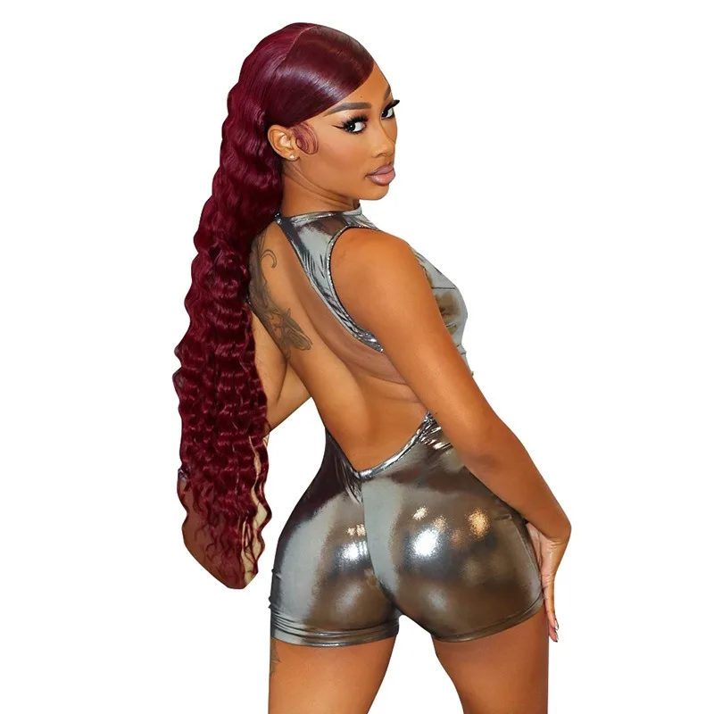 2025 ใหม่ Silky METALLIC Sier สั้น Jumpsuit ผู้หญิงแฟชั่น RAVE เทศกาลเสื้อผ้าเซ็กซี่ Sveless Backless Coquette Romp