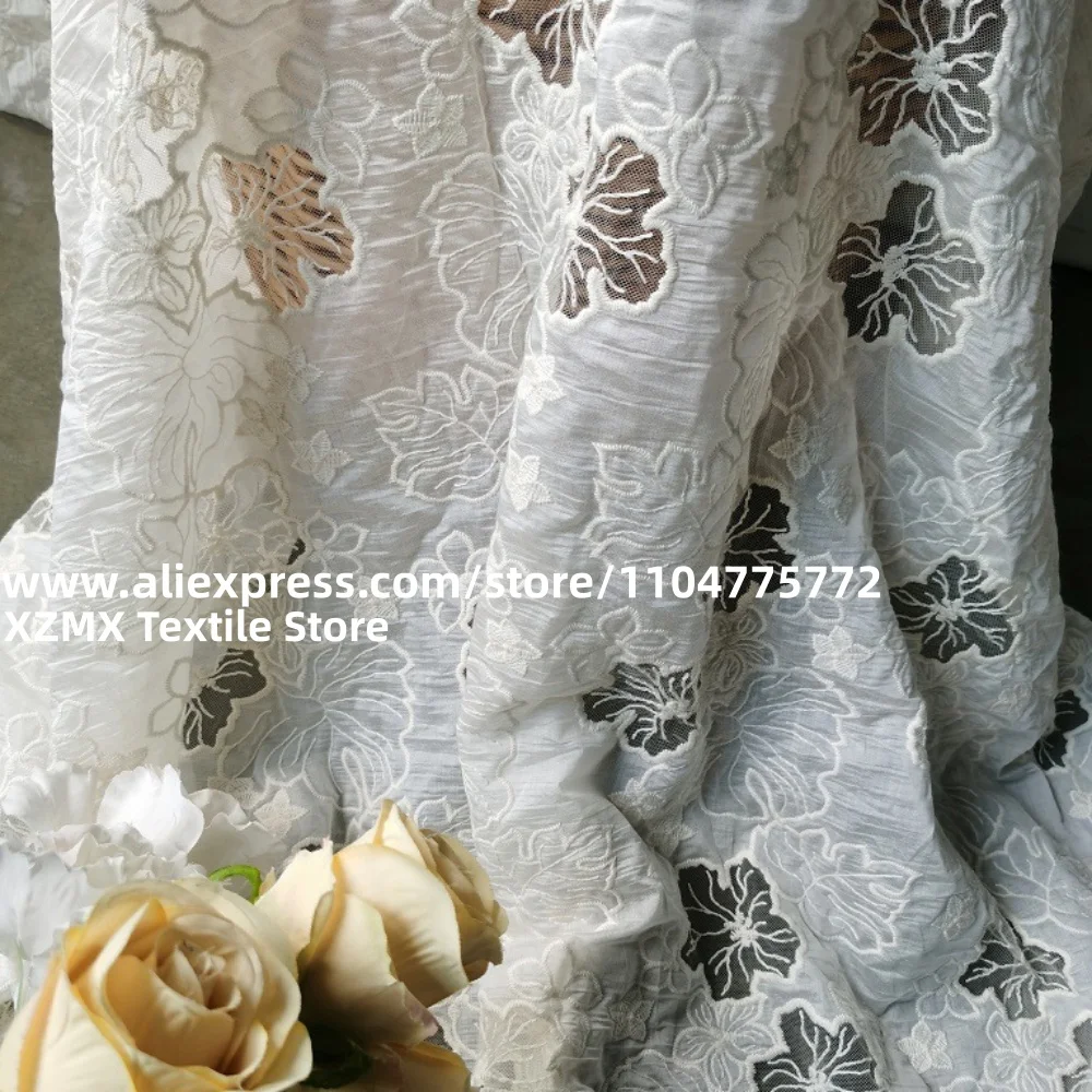 White Crinkle Fabric Floral Hollow Cutwork Embroidery, Mesh Inlay Flower Broderie Fabric for Dress,Blouse DIY Sewing