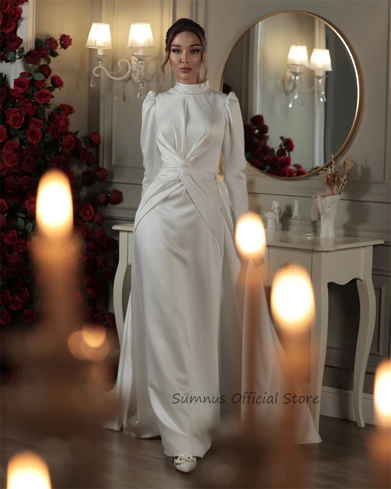 SUMNUS-Robe de Mariée Sirène Ivoire en Satin Froncé à Manches sulfet Col Haut Perle, Élégante, pour les Patients, Personnalisée sur la Plage