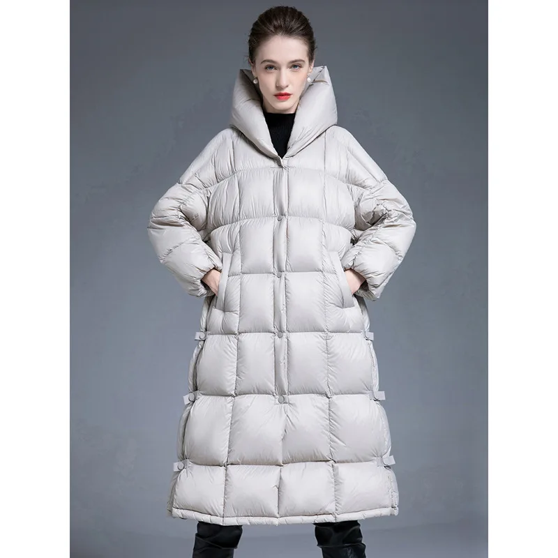 Luxury High Quality Winter New White Duck Down Women's Long Down Jacket Quilted Hooded Trench Coat Thick Loose A-Line Outerwear