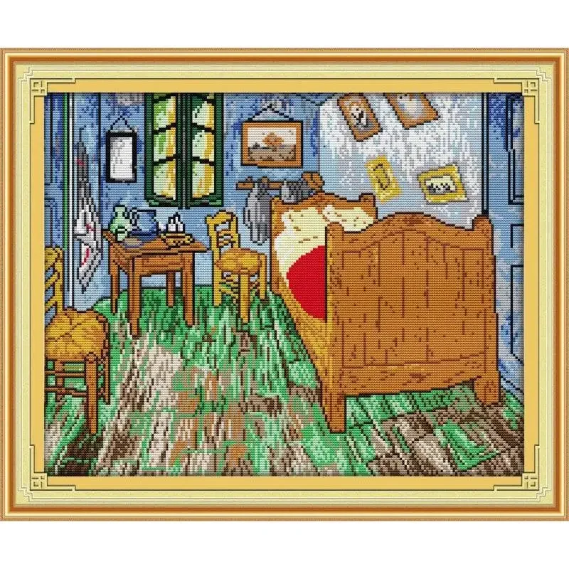 Joy Sunday News Printed Cross Stitch Kit  Easy Pattern Aida  Stamped Fabric with DMC Threads Embroidery Set-Van Gogh's Bedroom