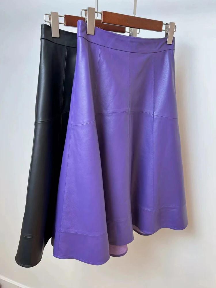 Elegant Purple Skirt For Women Genuine Leather Slim Large Swing Wave Circular Arc  Long Faldas Black Saias Femininas Streetwear