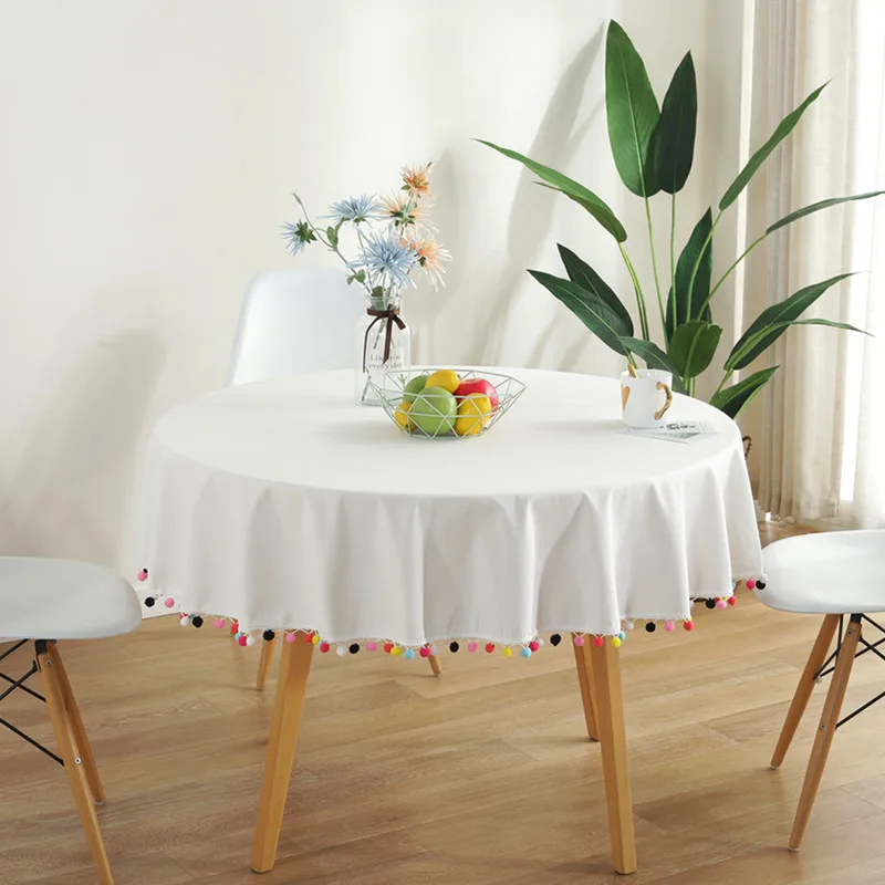 

Table Cloth White Linen Tablecloth with Colorful Pom-pom Modern Style Diameter 150cm Simple Heat Resistant Rustic Table Cover