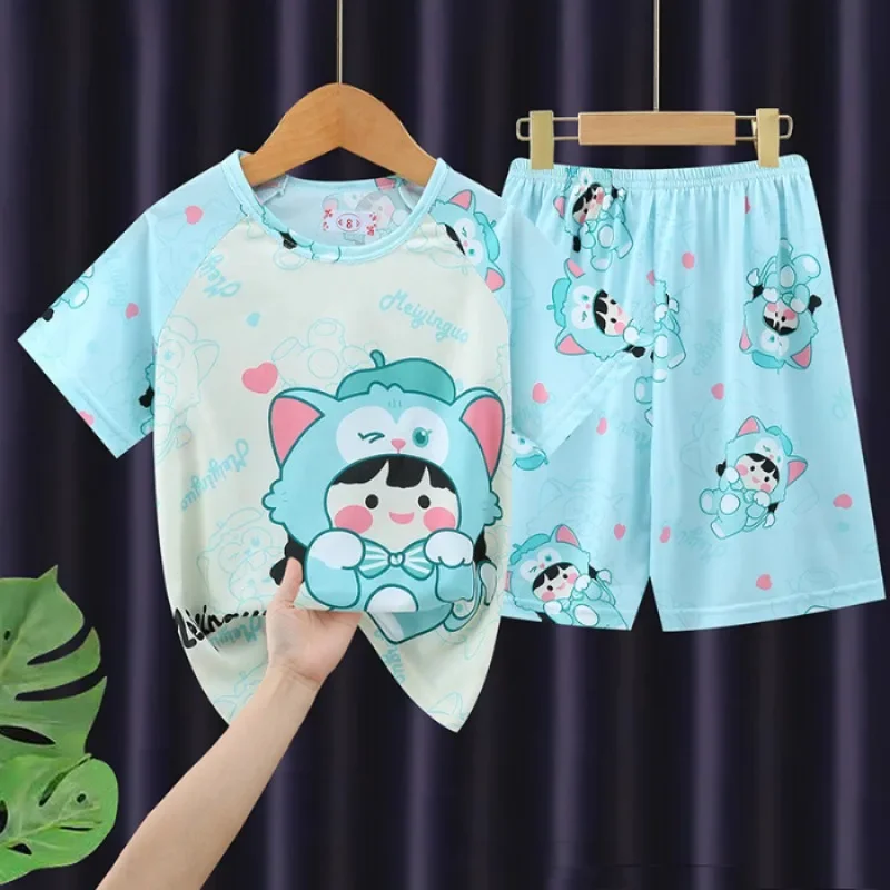 

Cat Headed Girl Pajamas Set for Kids Cartoon Kawaii Sleepwear Baby Short-sleeve Big Girls and Boys Home Thin Clothes Set Summer