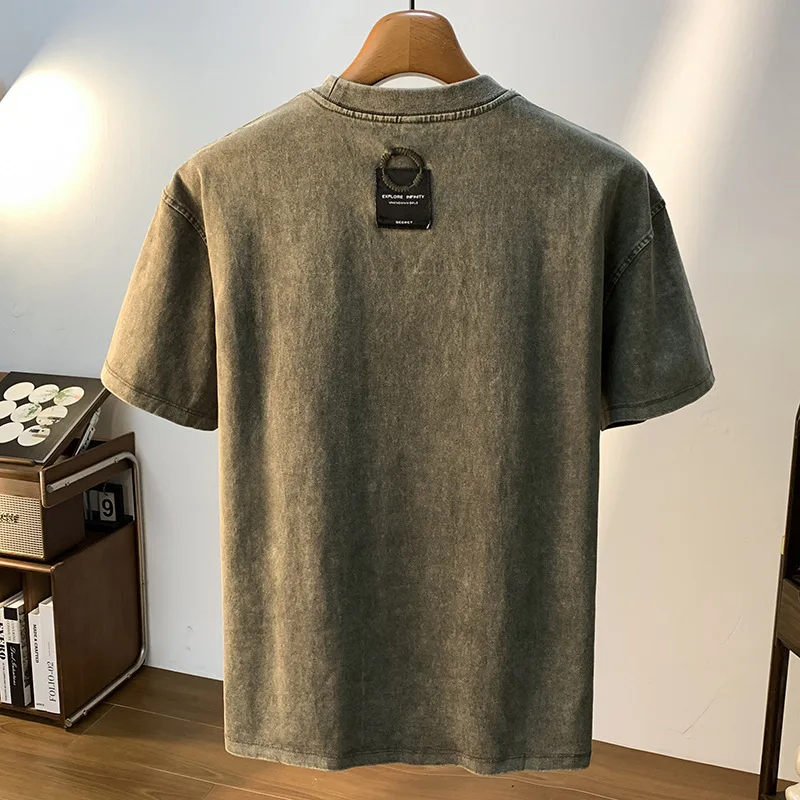 Summer Loose Short sleeved T-shirt Men's Fashion Printed Elastic Round Neck American Trendy Brand