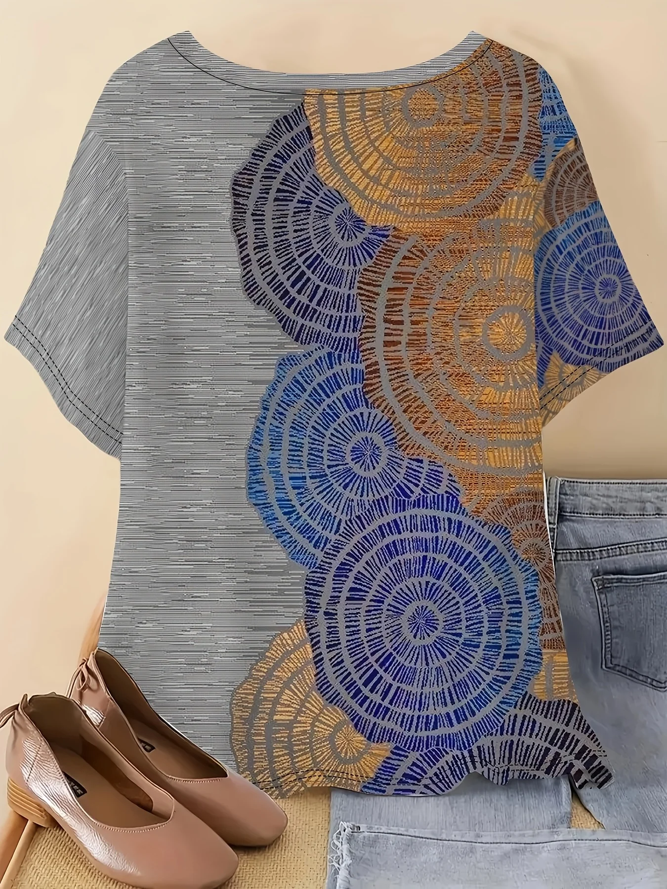 New Women T‑Shirt Vintage Geometric Circle Print Round Neck Short Sleeve Tee Casual Daily Fashion Tops Women's Clothes