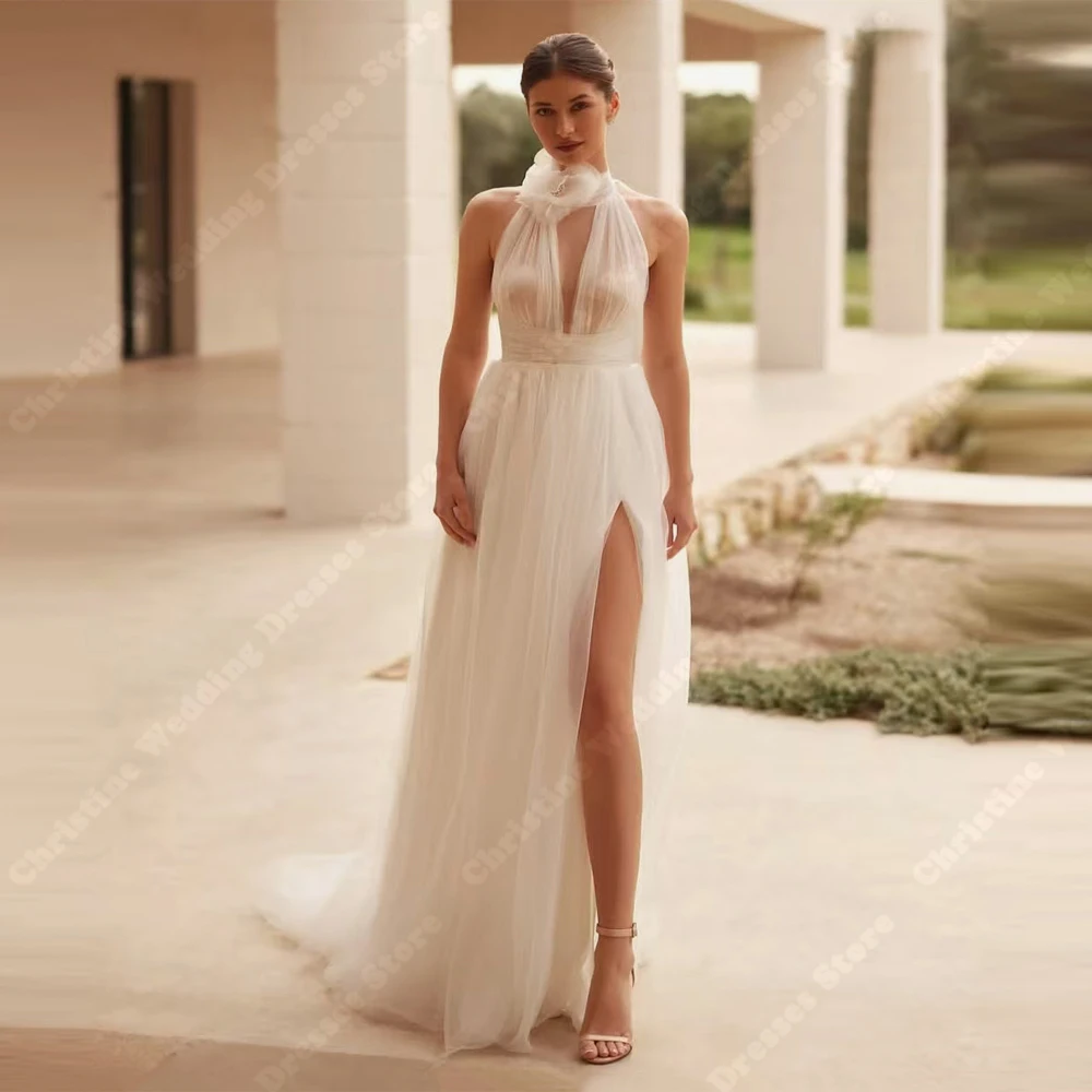 

Fascinating A-Line Wedding Dresses Halter Tulle Side high slit Bridal Gowns Backless Princess Vestidos De Novias 2025 Customized