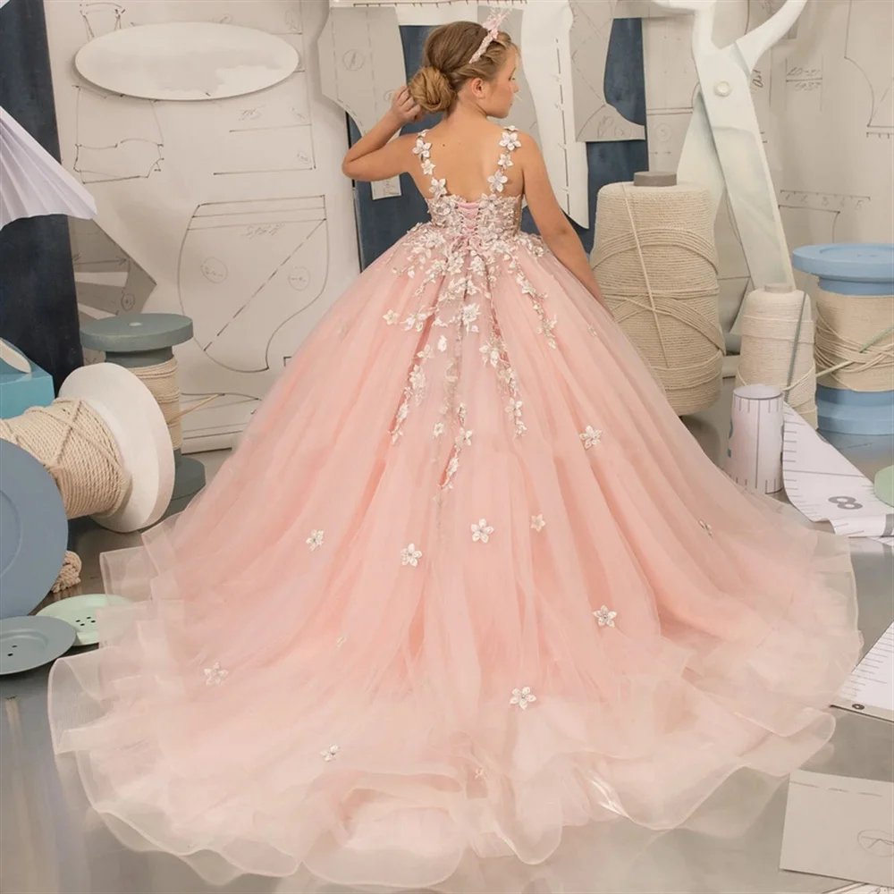 Abiti da ragazza di fiori in Tulle rosa per matrimoni elegante compleanno principessa bambini festa serale Prom prima comunione Pageant Ball Gowns