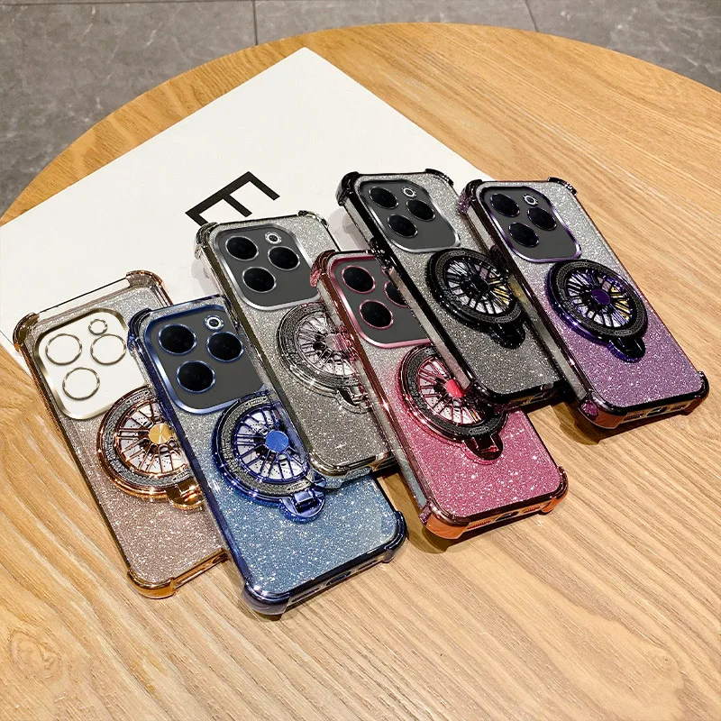 Luxury Plating Shockproof Gyroscope Stand Ring Phone Case For Infinix Hot 40 Pro 30 30i 40i 10S NFC Hot 9 Play Glitte Soft Cover