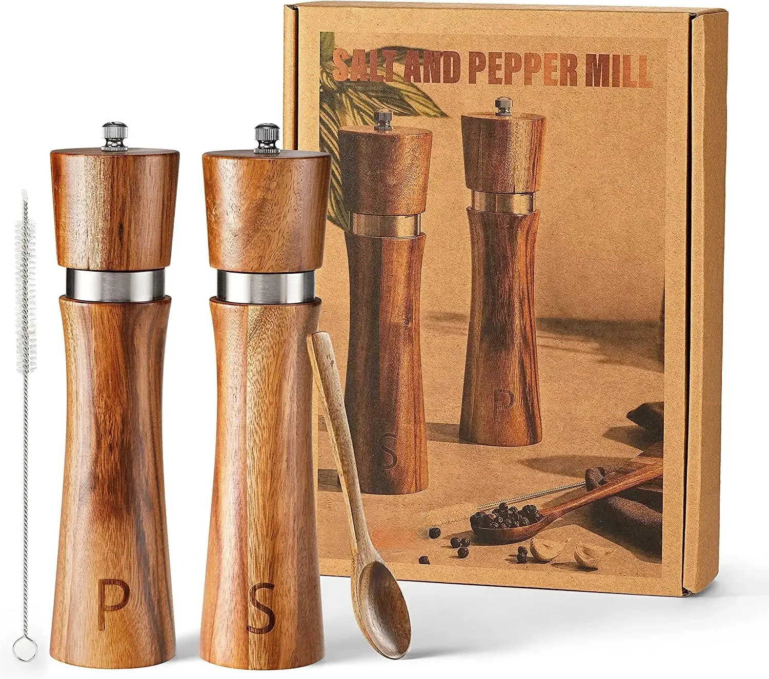 

8 inch Wood Salt and Pepper Mill Set Acacia Wooden Salt and Pepper Grinder set with Ceramic Core