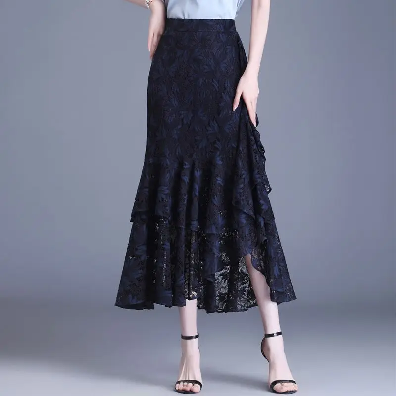 

Summer New Loose Office Lady Zipper High Waist Skirts Elegant Spliced Lace Irregular Ruffles Skirts Women's Clothing 2025