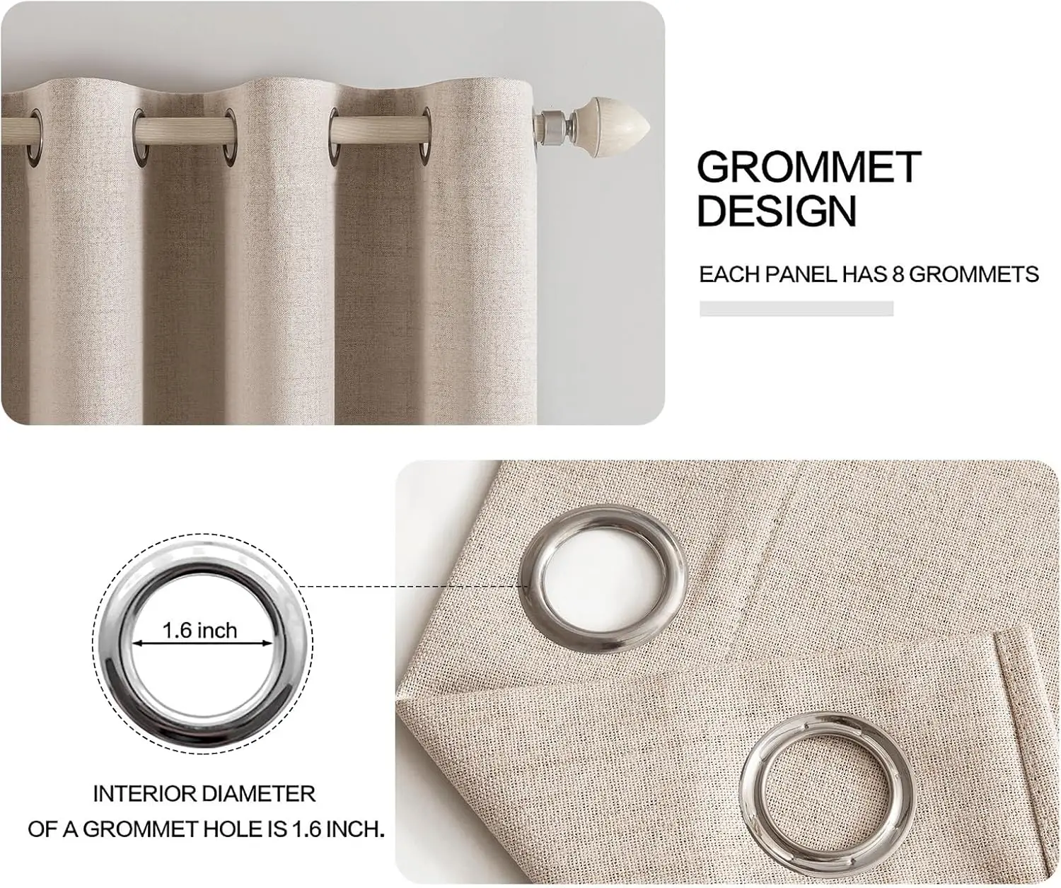 Blackout Curtains for Bedroom, Thermal Insulated Natural Beige Linen Texture Grommet Drapes, 52x84 Inch 2 Panels view 4