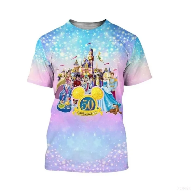 

Cinderella Purple Blue Shining Castle Mickey Mouse Head Casual Loose Round Neck Adult Children's Short Sleeve