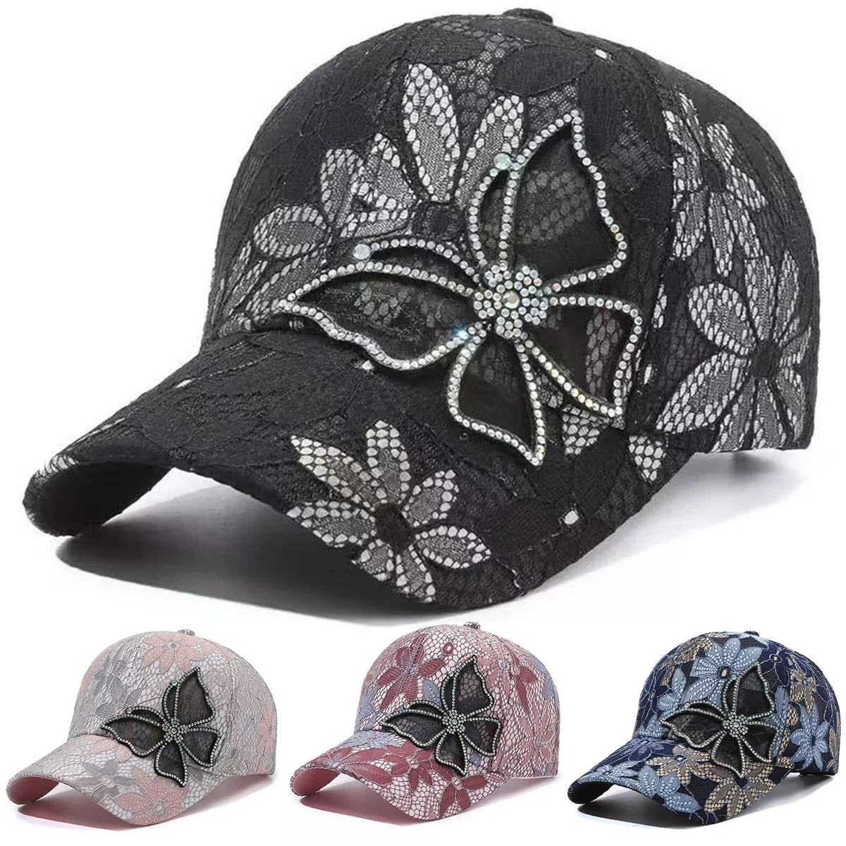 Unisex Lace Hot Diamond Butterfly Baseball Caps Spring Autumn Outdoor Adjustable Casual Hats Sunscreen Hat Sports Cap