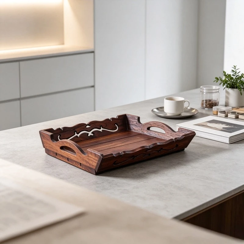 Carved Solid Wood Fruit Platter, Rectangular Teak Serving Tray Board for Bread Snacks, Rustic Kitchen Table Server Organizer.