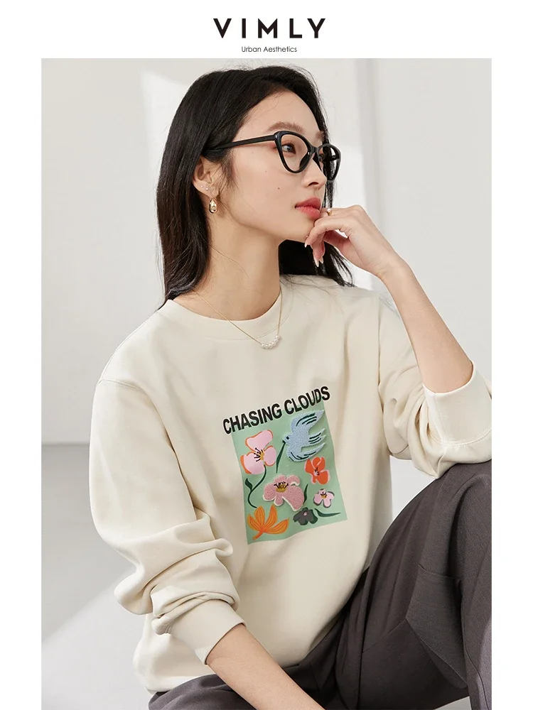 VIMLY Women Casual Simple Sweatshirts 2025 Spring Watercolor  Boho Graphic Flower Printed Pullover Long Sleeve Commuter TopA0500