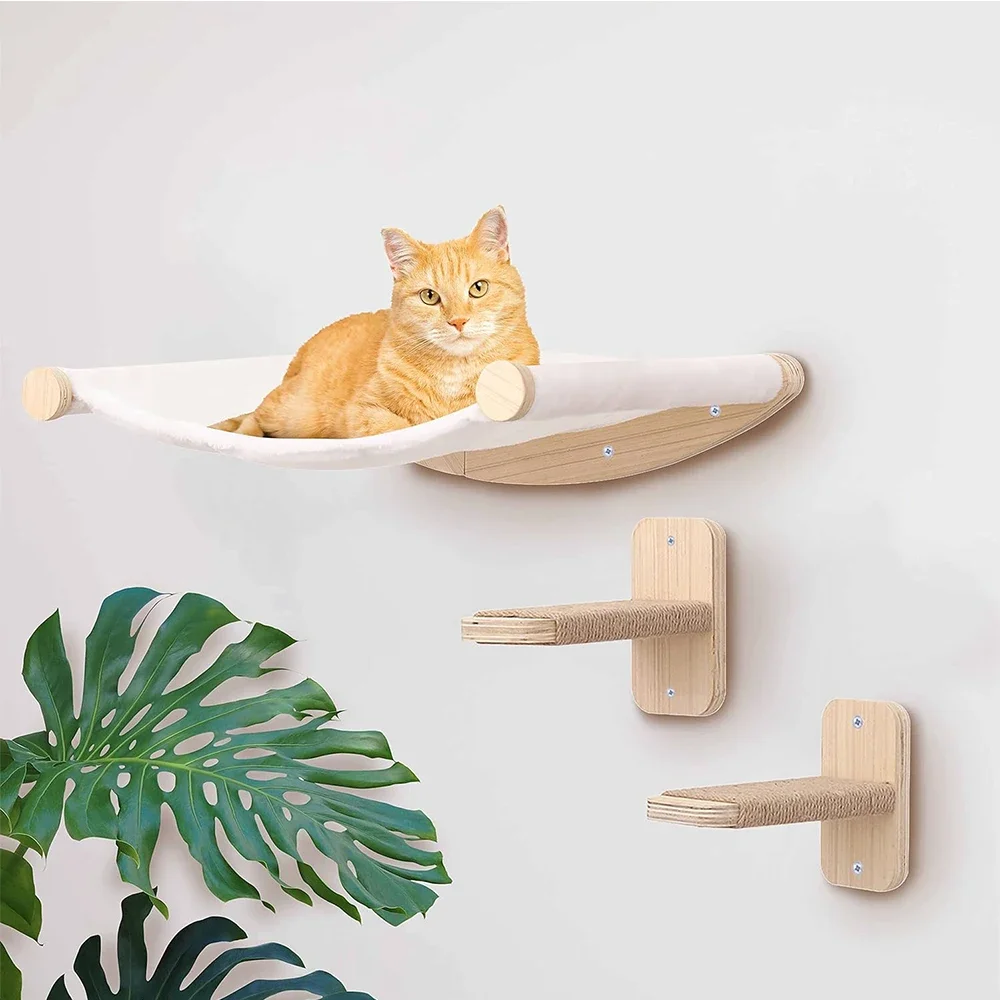 Rede de prateleira para gatos de combinação múltipla montada na parede com escada de sisal para gatos e plataforma de salto com pedal para gatos