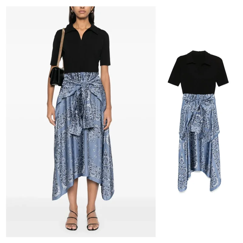 Klassieke Sle Retro Print Hoge Taille A-lijn Dr Fake Tweedelige Lente Zomer Katoenmix Gebreid ort Sve Midi Dr