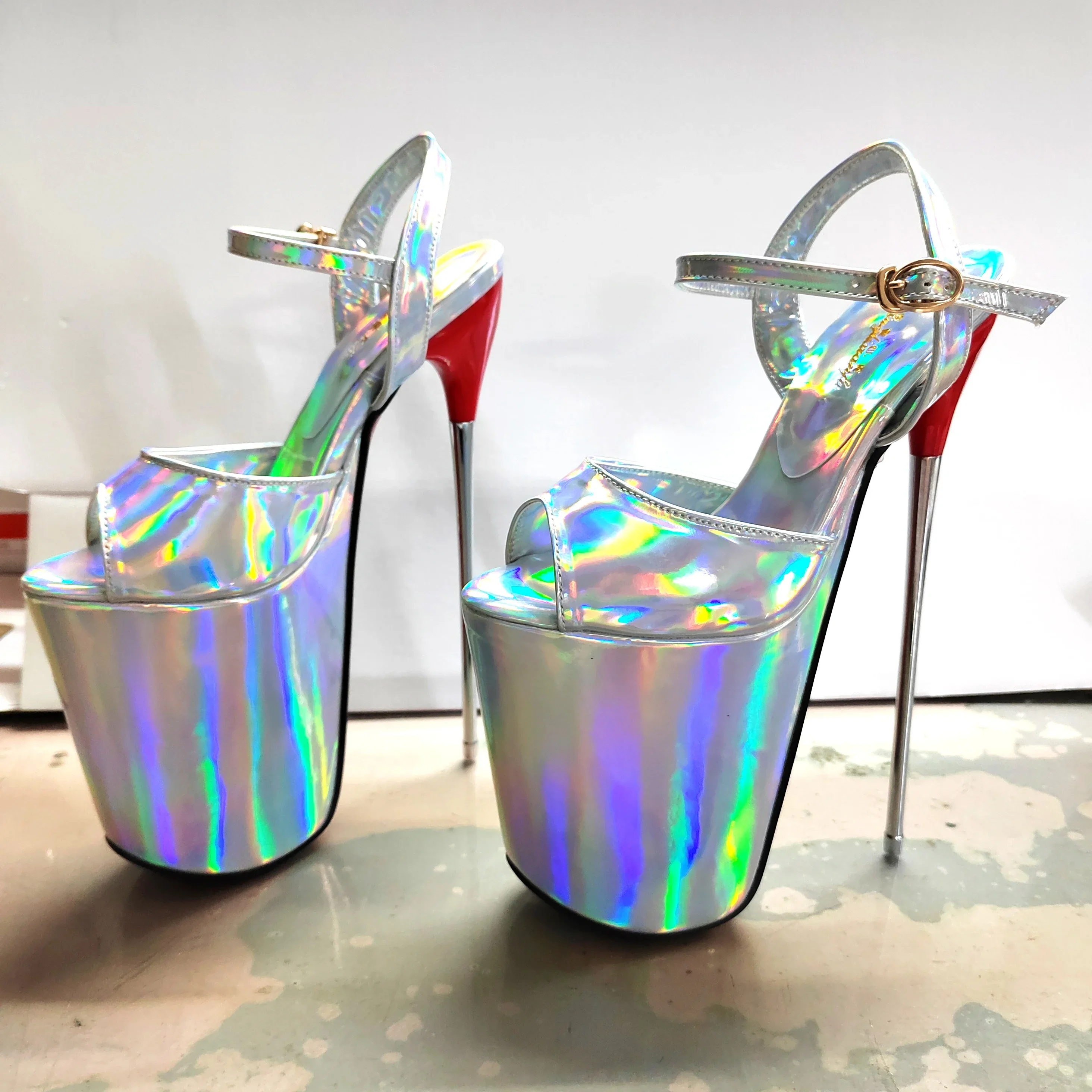 Summer 19cm Metal Thin High Heels Sandals Female Platform Women\'s Shoes Narrow Band Steel Pipe Dance Buckle SM Stripper Pumps